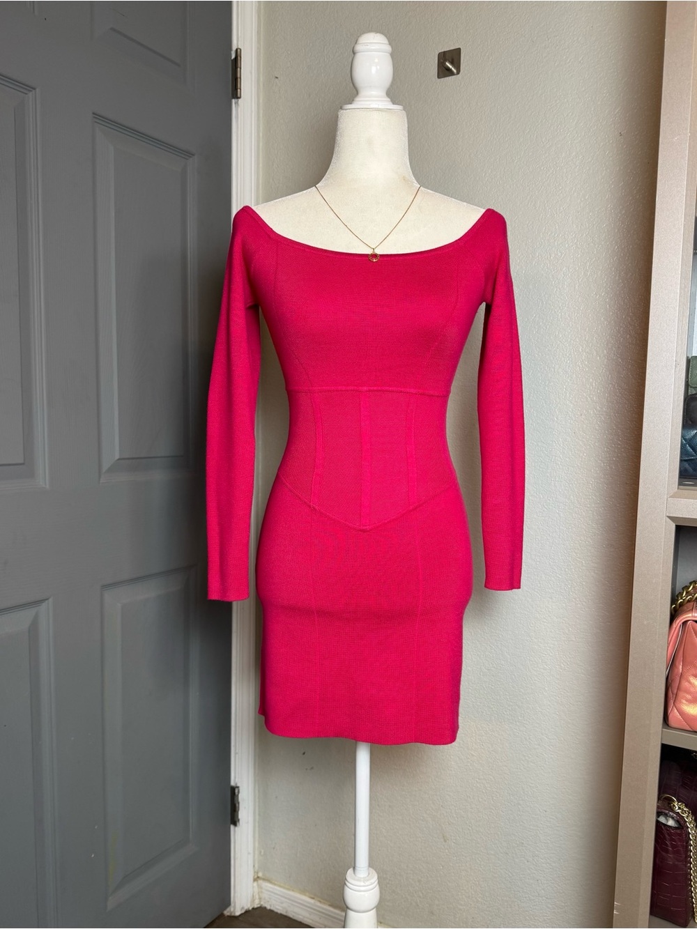 Fuchsia Pink Off-the-Shoulder Knit Corset Dress